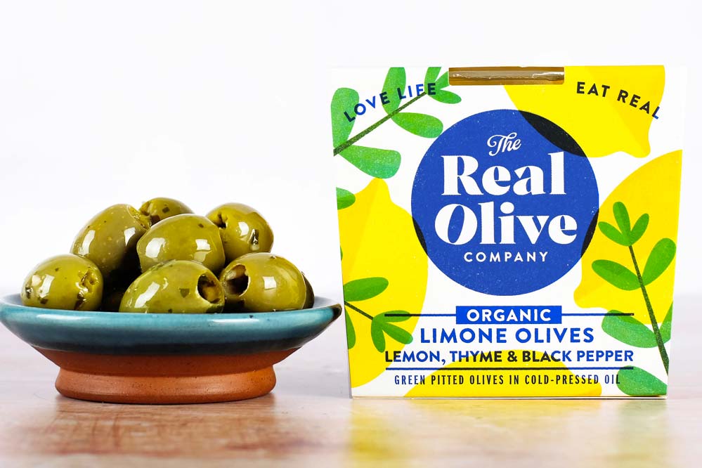 Organic Lemon Thyme And Black Pepper Olives 185g The Real Olive Company