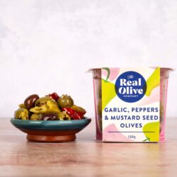 Garlic, Peppers & Mustard Seeded Olives<br><span class="deli-pot-weight">(160g)</span>