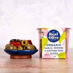 Organic Garlic, Peppers & Mustard Seeded Olives<br><span class="deli-pot-weight">(150g)</span>